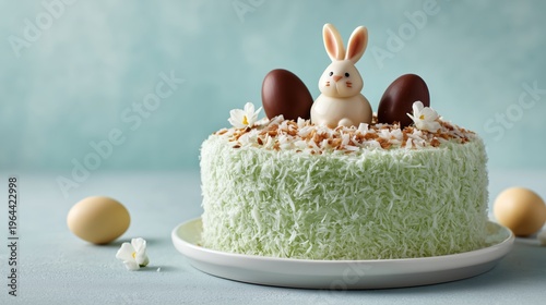 Easter cake with bunny decoration and chocolate eggs on a light blue background in spring season
