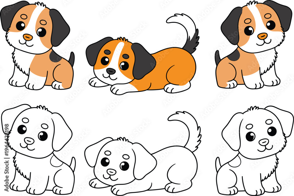 Obraz premium Cute puppy dog cartoon set with different poses, adorable pet character collection vector illustration for kids design