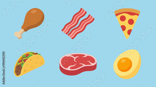 Collection of popular food items including chicken, bacon, pizza, taco, steak, and egg on a light blue background.