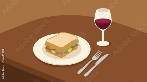 A simple illustration of a sandwich on a plate with cutlery and a glass of red wine on a brown table.