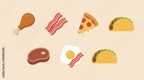 A collection of various popular food items including chicken, bacon, pizza, tacos, steak, and fried egg in a flat illustration style.