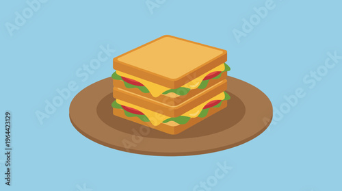 An isometric illustration of a double-decker sandwich with cheese, lettuce, and tomato on a brown plate against a light blue background.