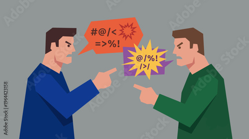 Two angry men pointing fingers and shouting at each other, depicted with speech bubbles full of symbols representing an argument or conflict.
