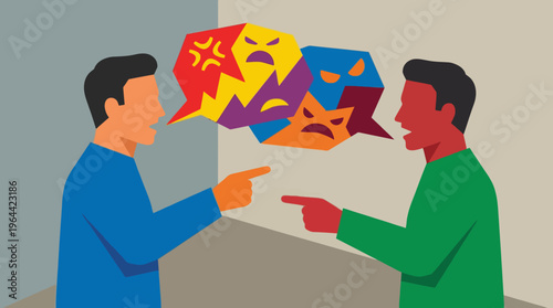 Two stylized men arguing intensely, pointing fingers with angry speech bubbles filled with furious faces and symbols.
