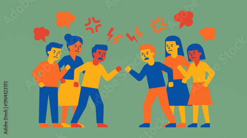 An illustration showing two groups of people engaged in a heated argument or conflict, with angry expressions and thought bubbles indicating disagreement and tension.