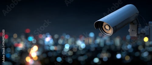 Security camera views city lights at night with blurred urban view in the background