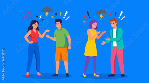Two pairs of animated people engaged in heated arguments, depicted with storm clouds and exclamation marks symbolizing conflict and disagreement.