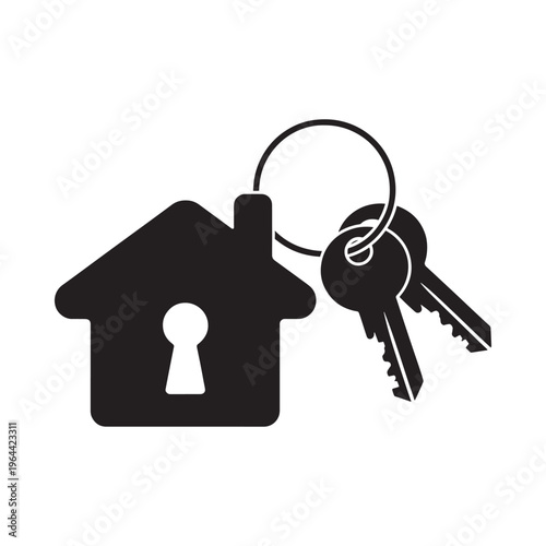 A black and white icon depicting a house and keys symbolizing home ownership