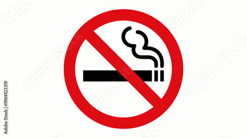A universally recognized no smoking sign, featuring a lit cigarette with smoke crossed out by a red circle and diagonal line, clearly indicating prohibition.