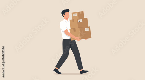 A man carrying a stack of three cardboard boxes, walking, in a flat illustration style.