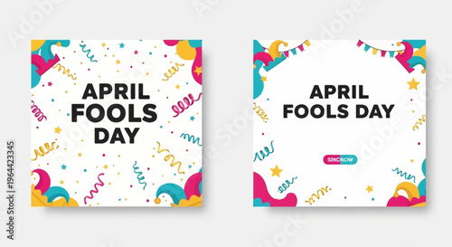 Colorful April Fools Day social media template with fun illustrations and large copy space for business celebrations and prank campaigns