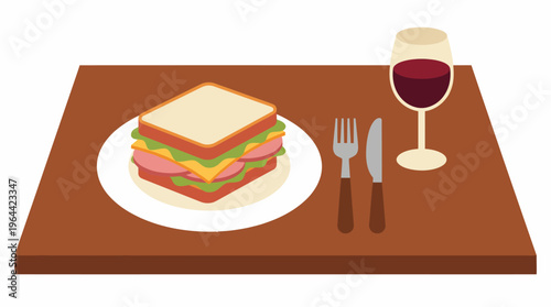 A delicious ham and cheese sandwich served on a white plate with cutlery and a glass of red wine on a wooden table.