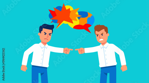 Illustration of two angry men pointing fingers at each other, symbolizing a heated argument and conflict with an explosive speech bubble.