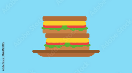 A colorful illustration of a tall, stacked sandwich with cheese, tomato, and lettuce on a brown plate against a light blue background.