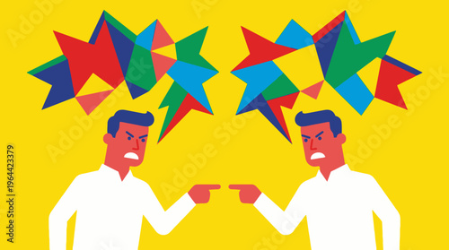 Two angry men pointing fingers at each other with colorful conflict bubbles above their heads on a yellow background, symbolizing disagreement and argument.
