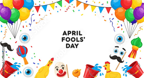 Colorful April Fools' Day social media template with balloons, confetti, and prank illustrations on a white background