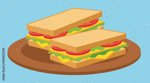 Two delicious cartoon sandwiches with cheese, lettuce, and tomato on toasted bread, served on a brown plate.