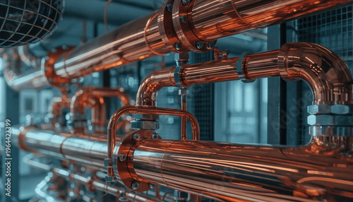 Polished copper industrial pipes with metal fittings and bolts in modern factory engineering facility closeup
