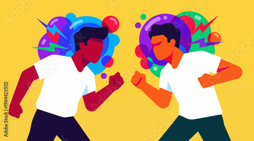 Two men with different skin tones facing each other with clenched fists, surrounded by colorful abstract shapes and lightning bolts, symbolizing conflict or confrontation.