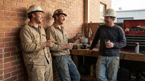 three construction workers chatting and drinking coffee isolated on transparent background