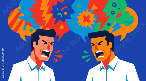 Two angry men shouting at each other with chaotic speech bubbles representing a heated argument or conflict.
