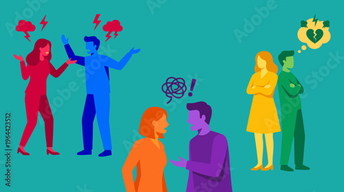An illustration depicting various stages of relationship conflict and emotional distress, including arguments, communication breakdowns, and a couple facing a breakup.