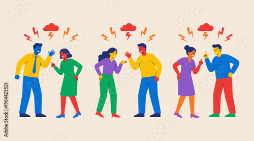 Illustration of three diverse couples engaged in heated arguments or conflicts, with storm clouds and lightning bolts symbolizing anger and disagreement above their heads.