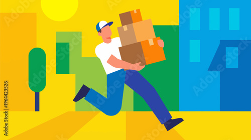 An energetic delivery person in a blue cap and uniform runs quickly while carrying a stack of three brown cardboard boxes through a vibrant, abstract city landscape.