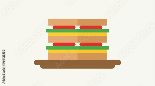 Flat design illustration of a tall, multi-layered sandwich with bread, cheese, tomato, and lettuce on a plate, ready to eat.