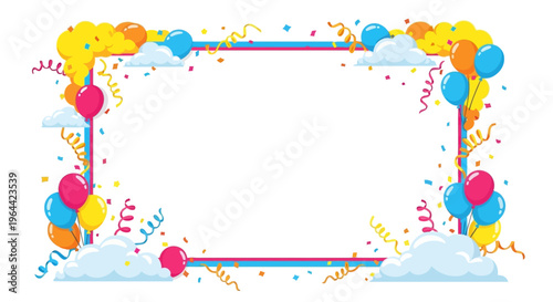 Colorful April Fools Day social media template with balloons, confetti, and streamers on a white background for business celebrations