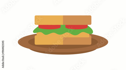 Flat design illustration of a sandwich with lettuce and tomato on a brown plate, representing a simple meal or snack.