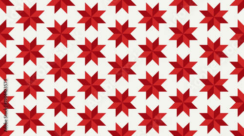 Seamless pattern of vibrant red eight-pointed stars arranged in a grid on a light cream background, creating a festive and geometric design.