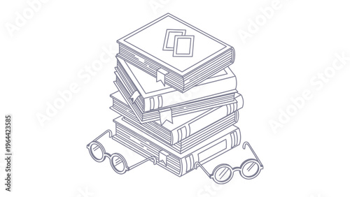 Stack of Knowledge: A collection of books and glasses are stacked neatly, ready to enhance learning and creativity. 