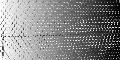Black seamless hexagon texture. Repeated honeycomb pattern background. Geometric hexagonal halftone tech overlay backdrop. Abstract repeating hex halftone. Vector retro technology dot texure wallpaper