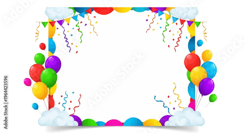 Colorful April Fools Day social media template with balloons, streamers, and clouds on a white background for business celebrations