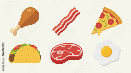 A collection of various popular food items including chicken, bacon, pizza, taco, steak, and a fried egg, presented as flat design icons.