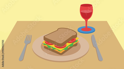 Cartoon illustration of a sandwich meal with a glass of red drink on a table setting, ready to be eaten.