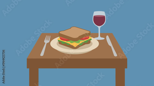 Illustration of a sandwich on a plate with cutlery and a glass of red wine on a wooden table against a blue background.