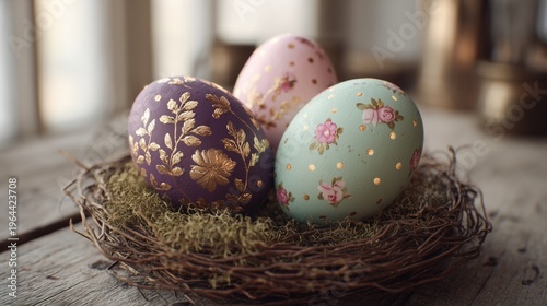 Decorated eggs are placed in a nest made of twigs and moss on a wooden table in a well-lit space