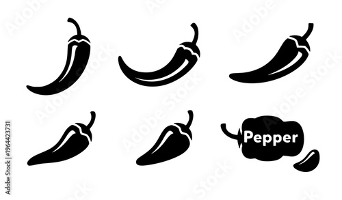 Hot chili paprika pepper silhouette food vector icon set