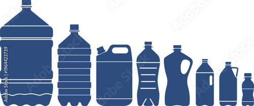 Plastic bottle vector silhouettes, assorted container sizes, water and beverage packaging shapes, modern minimal icons isolated on white background.
