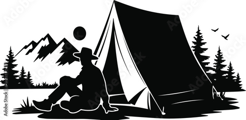 Backpacker camping with tent and gear