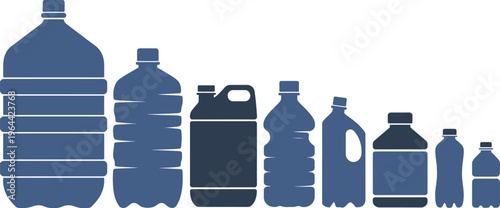Plastic bottle vector silhouettes, assorted container sizes, water and beverage packaging shapes, modern minimal icons isolated on white background.