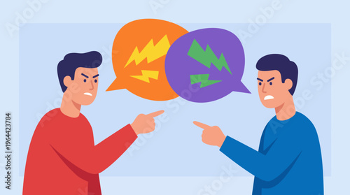 Two angry men pointing fingers at each other with speech bubbles showing lightning bolts, symbolizing a heated argument or conflict.