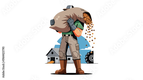 Farmer Carrying Grain Bag: A strong farmer carries a heavy bag of grain, embodying the spirit of labor and agricultural productivity. A scene of rural industry and harvesting.