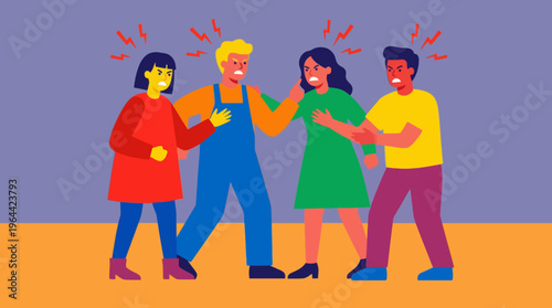 Four diverse people engaged in a heated argument, showing conflict and anger with aggressive gestures and stress symbols.