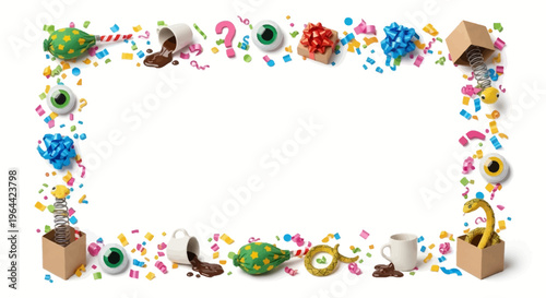 Colorful April Fools Day social media template with fun illustrations and large copy space for prank campaign banners and posts