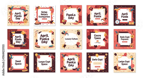 Colorful April Fools Day social media templates with fun and clean designs for prank campaigns on Instagram, Facebook, LinkedIn, and more