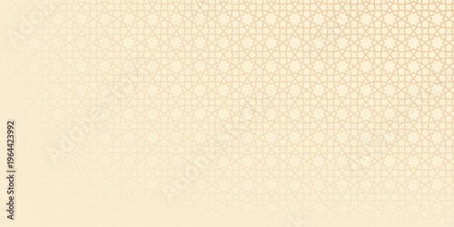 Horizontal Ramadan Kareem web banner featuring soft mosque silhouettes, hanging lanterns, and Islamic geometric patterns in beige tones for festive marketing and religious greetings.