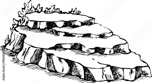 Hand Drawn Of Layered Rocky Terraces With Green Foliage White Background stone formation